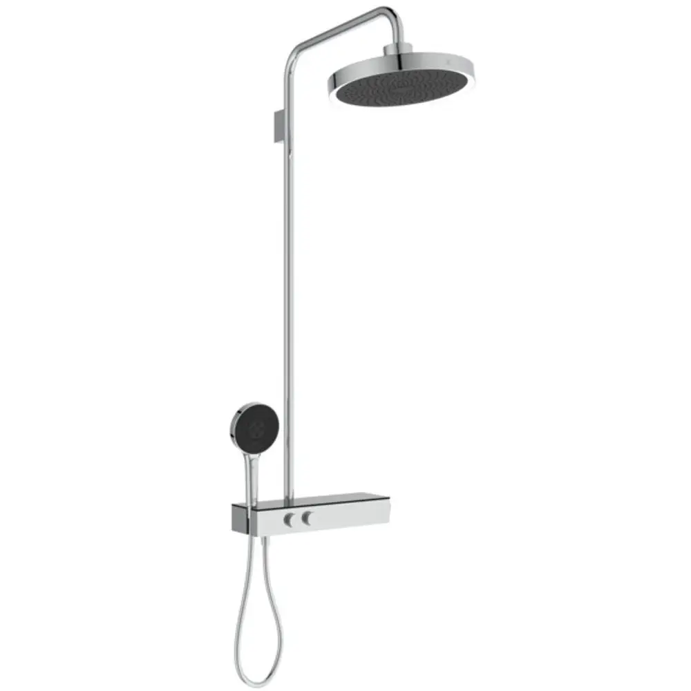 Duschsystem von Ideal Standard mit Brausethermostat und zusätzlichem Handbrausekopf. Das System ist in Chrom gehalten und verfügt über einen LED-Leuchtring.